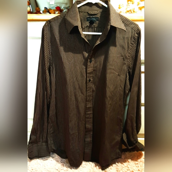 Express Modern Fit Brown Strip Button Up Shirt Mens M Long Sleeve Collared - Picture 7 of 8